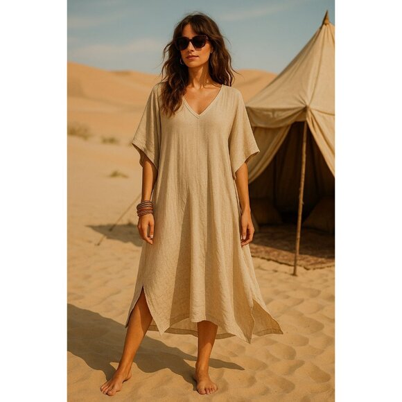 Calypso St. Barth Women Linen Kaftan Beige XS Resort Quiet Luxury Minimalist Bea - Picture 2 of 11